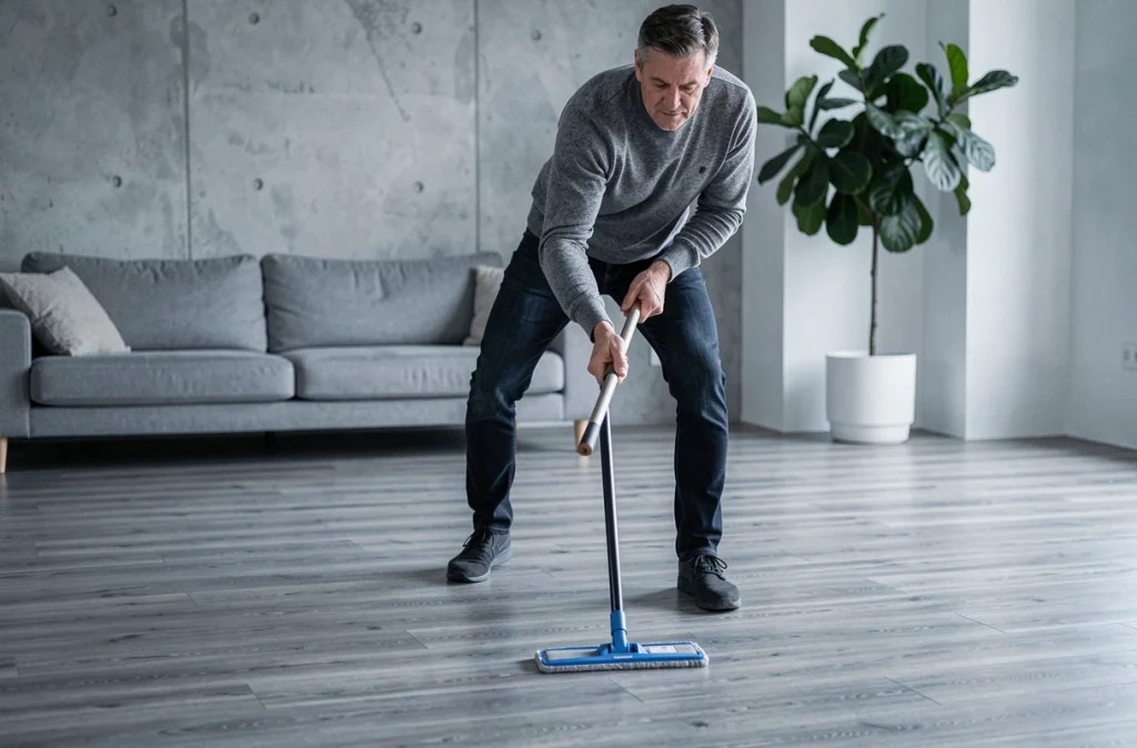 Homme nettoyant un parquet stratifié gris avec une vadrouille microfibre dans un salon scandinave