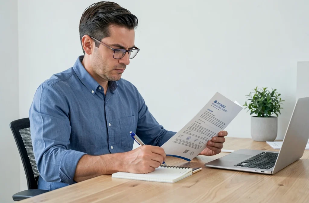 Homme prenant des notes en lisant son contrat habitation Macif dans un bureau à domicile