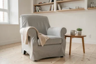 Housse extensible grise sur fauteuil scandinave dans un salon minimaliste avec parquet en bouleau et décoration nordique