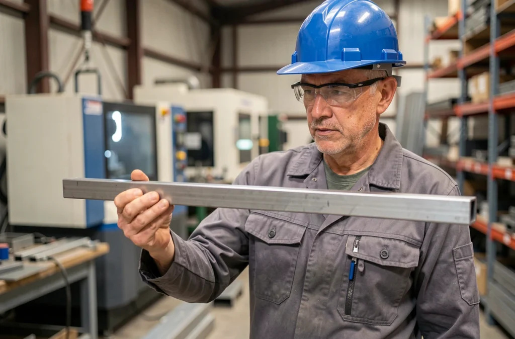 Ingénieur industriel inspectant un tube carré en acier dans un atelier de fabrication métallique