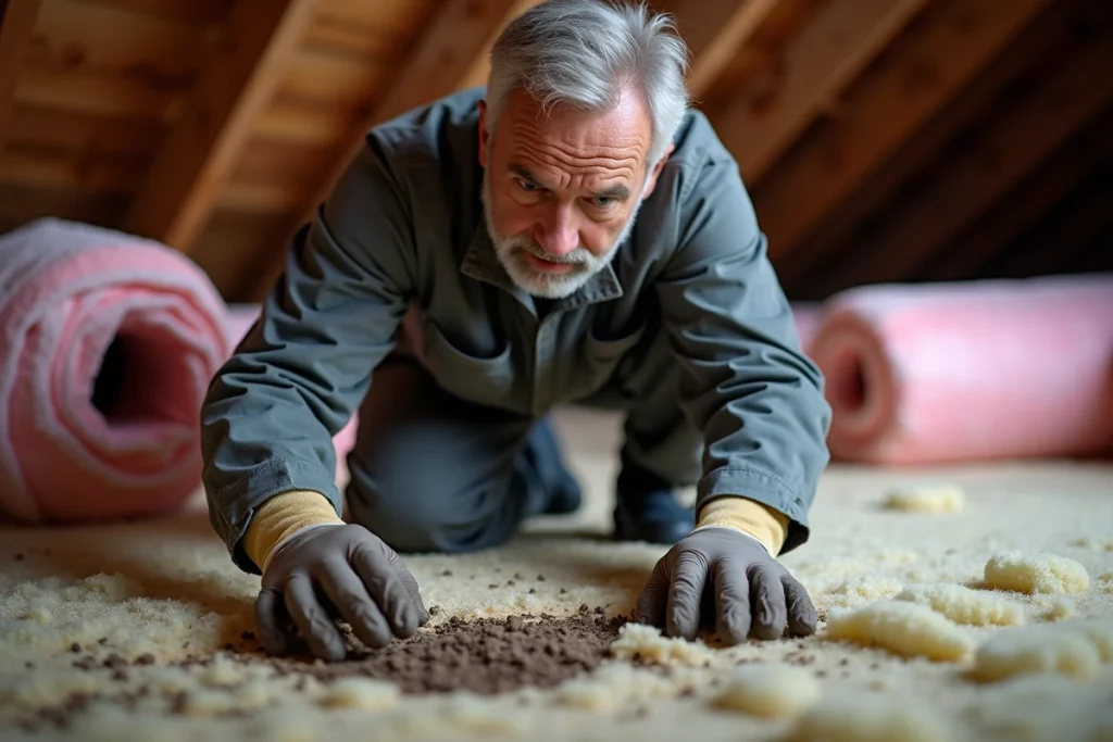 Technicien en combinaison inspectant des traces de fouine et des isolants abîmés dans un grenier de maison