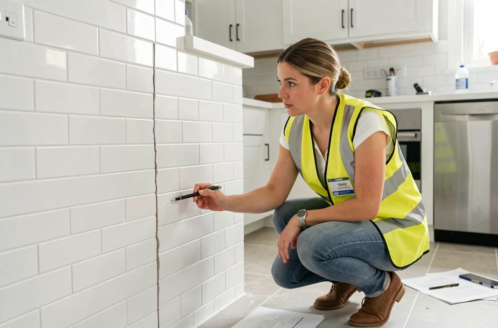 Conseillère en rénovation inspectant un joint de carrelage fissuré à la jonction mur-sol dans une cuisine moderne en cours de finition
