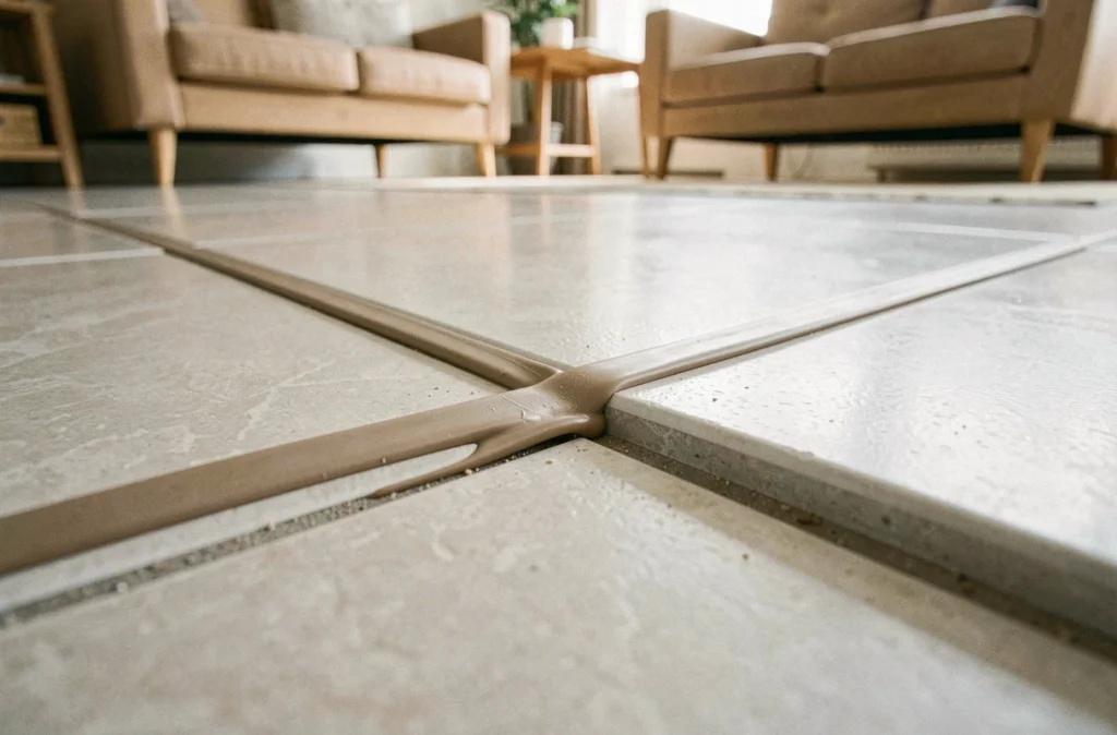 Gros plan sur un joint de dilatation rempli de silicone flexible entre deux zones de carrelage grand format sur sol de maison contemporaine