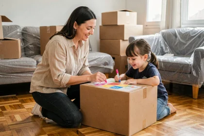 Mère et enfant étiquetant des cartons de déménagement ensemble dans un salon en cours d'emballage