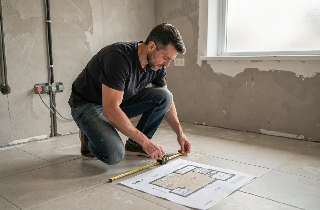 Homme mesurant une cuisine en rénovation avec un plan de cuisine Kozikaza posé au sol