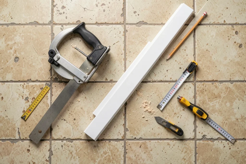 Vue aérienne des outils pour couper des plinthes posés sur un vieux carrelage céramique