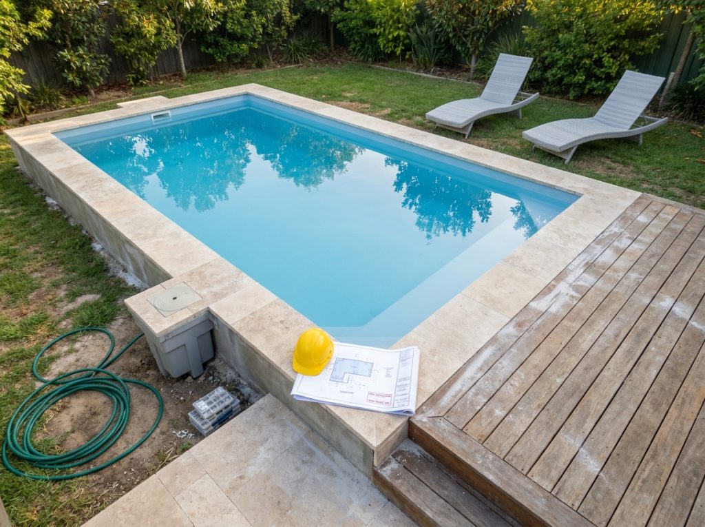 Vue d'ensemble d'une piscine familiale rectangulaire nouvellement installée avec matériaux de construction autour du bassin dans un jardin résidentiel