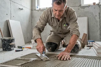Carreleur professionnel appliquant du mortier-colle sur un sol en béton avec une taloche crantée lors d'une pose collée de carrelage en rénovation