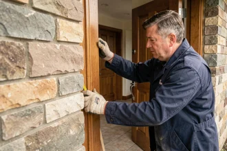 Artisan mesurant une porte d'entrée en bois sur mesure lors de sa pose sur un chantier résidentiel