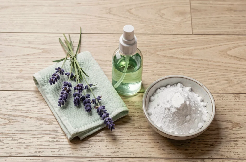 Produits naturels pour nettoyer un parquet stratifié : spray écologique, bicarbonate et lavande