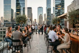 Terrasse rooftop animée avec bar en plein air et vue sur les gratte-ciels d'une grande métropole au crépuscule