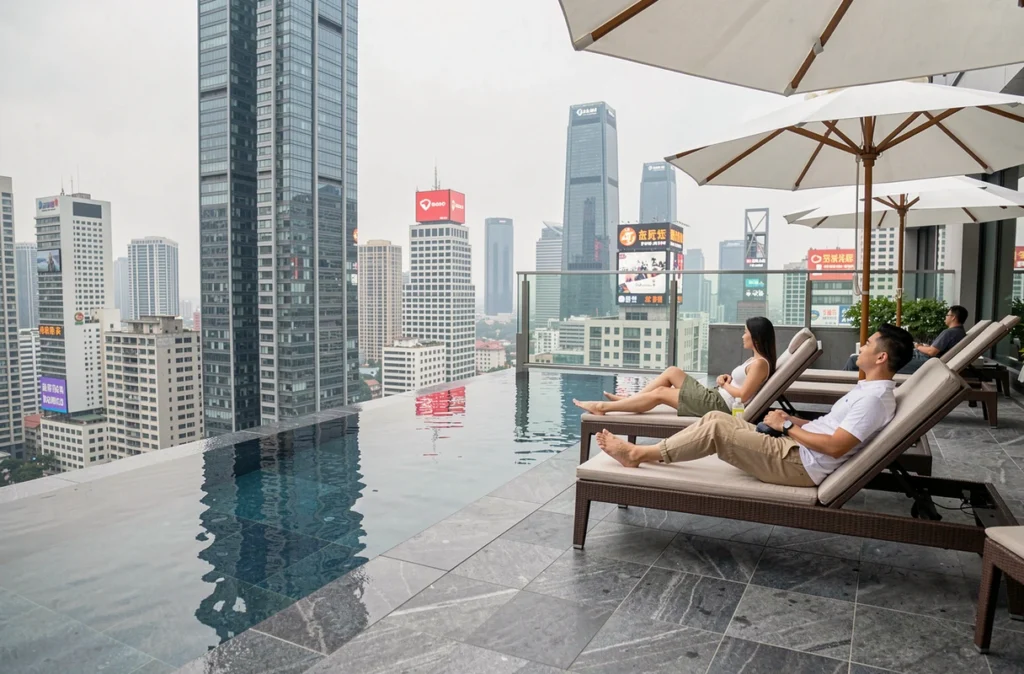 Terrasse rooftop avec piscine à débordement d'un hôtel de luxe offrant une vue spectaculaire sur une mégalopole asiatique