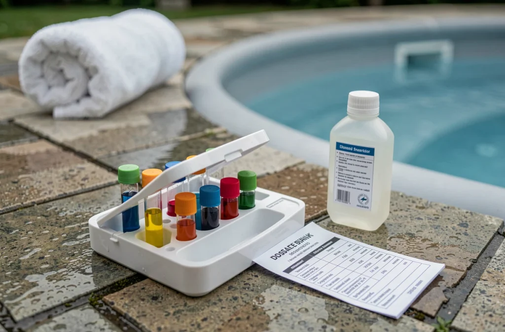 Kit de test de l'eau de piscine posé sur le bord avec guide de dosage de javel pour protéger le liner