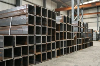 Tubes carrés en fer empilés dans un entrepôt industriel, montrant différentes sections et finitions d'acier structurel