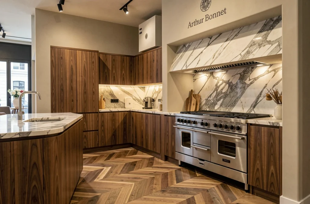 Cuisine haut de gamme avec façades en noyer et plan de travail en marbre exposée chez Arthur Bonnet Rouen