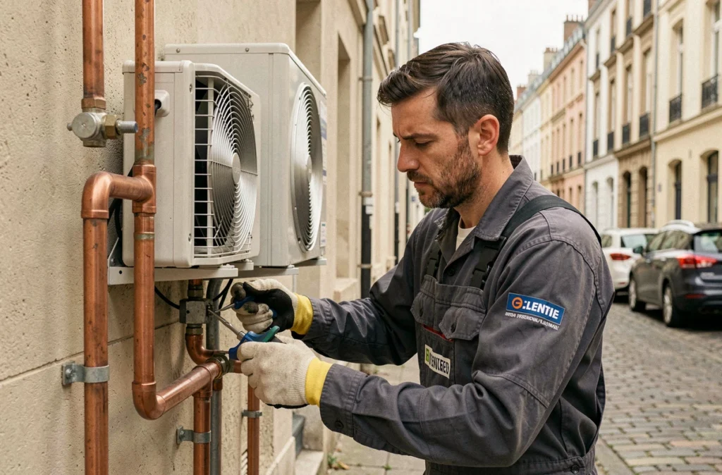 Artisan dépannage pompe à chaleur en urgence sur un immeuble résidentiel à Rennes