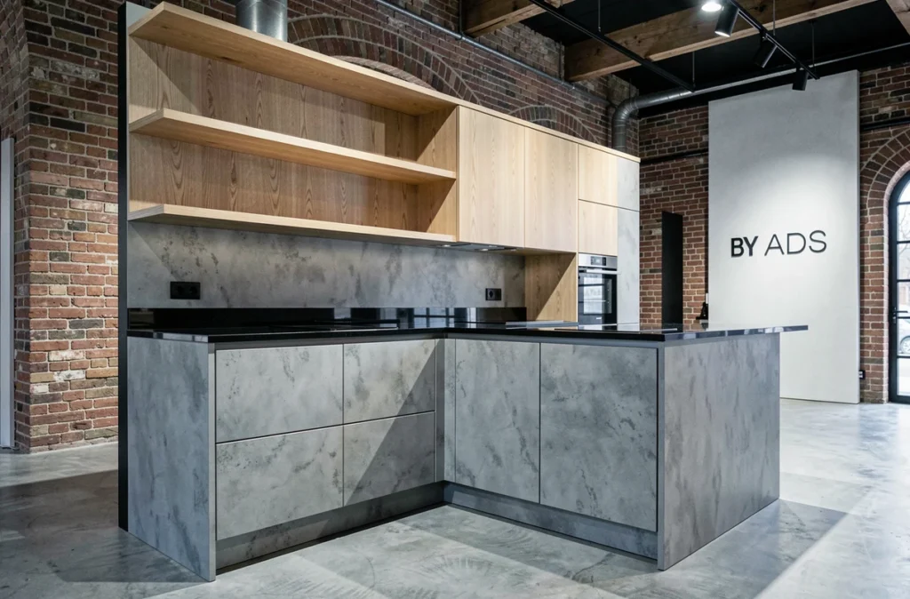Cuisine design de BY ADS avec façades effet béton et étagères en chêne naturel sur plan quartzite noir