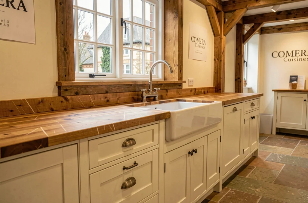 Cuisine campagnarde Comera Cuisines Dieppe avec façades Shaker crème et évier en céramique style ferme