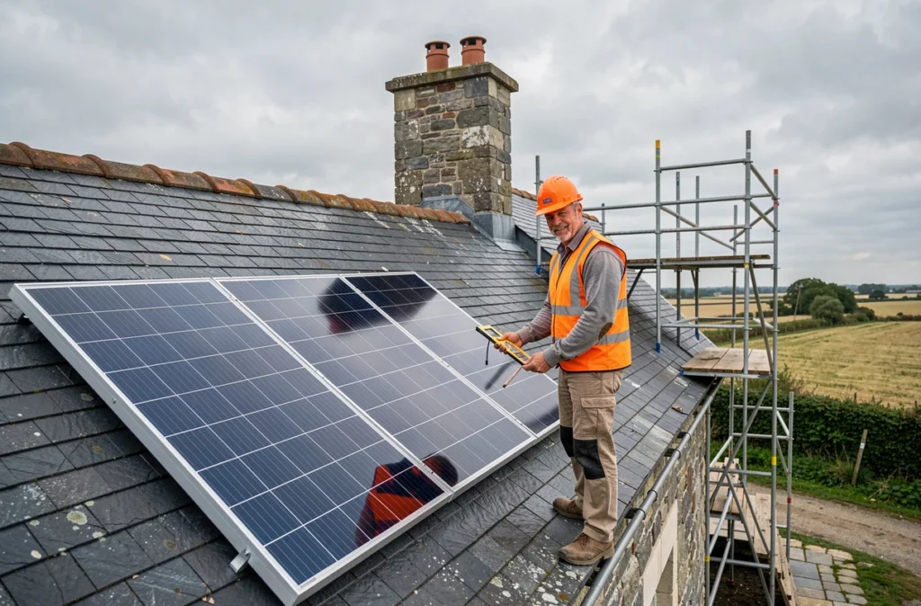 Couvreur-énergéticien sur un toit en ardoise breton lors d'une rénovation globale en Ille-et-Vilaine