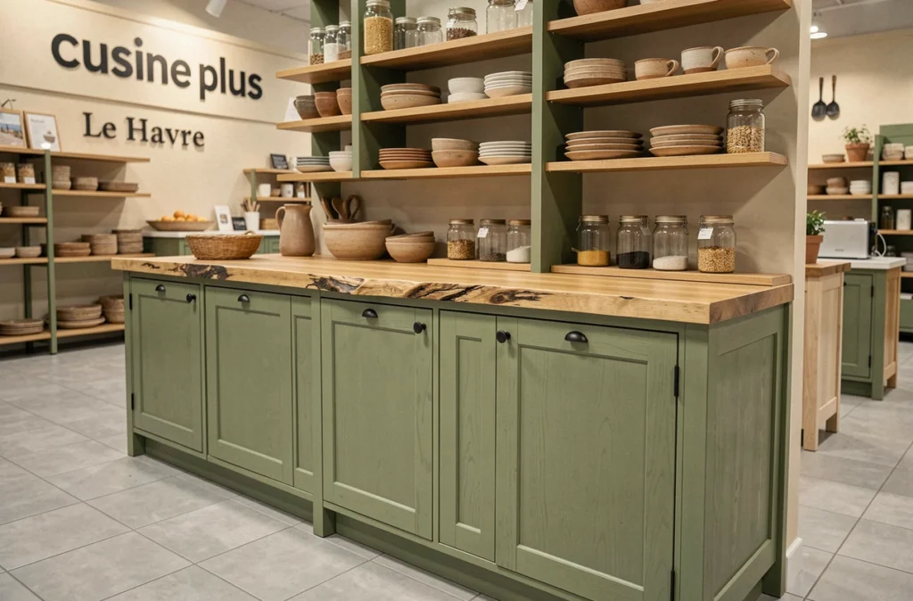 Cuisine vert sauge avec plan de travail en chêne brut exposée chez Cuisine Plus Le Havre