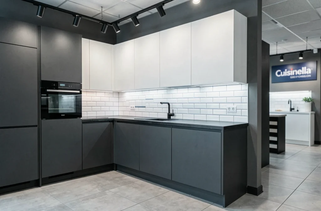 Cuisine bicolore anthracite et blanc exposée chez Cuisinella Rouen avec crédence en carreaux métro