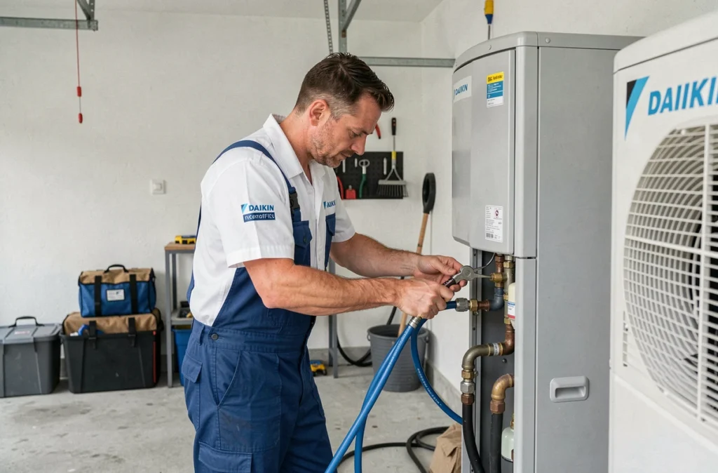 Installateur agréé Daikin France raccordant les lignes frigorifiques d'une pompe à chaleur dans un garage résidentiel