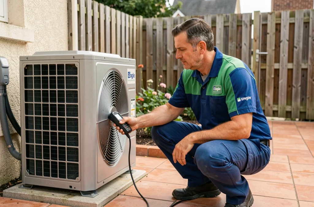 Technicien Engie Home Services effectuant une vérification sur une pompe à chaleur extérieure à domicile