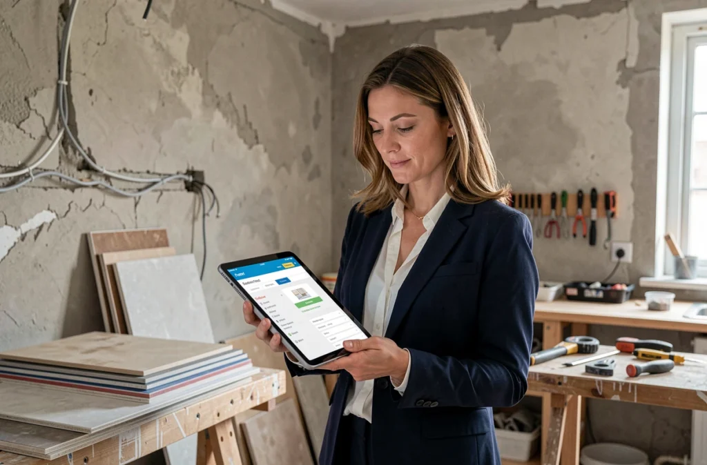 Femme consultant un devis travaux sur tablette dans une cuisine en cours de rénovation