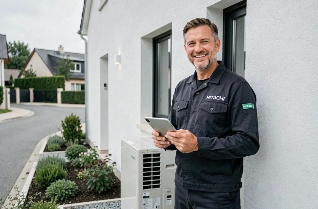 Technicien du réseau Hitachi Home devant une pompe à chaleur Hitachi nouvellement installée sur façade de maison française