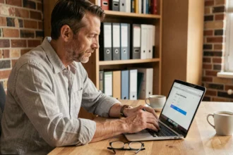Homme remplissant un formulaire de contact en ligne pour obtenir un devis travaux précis sur son ordinateur portable dans un bureau à domicile