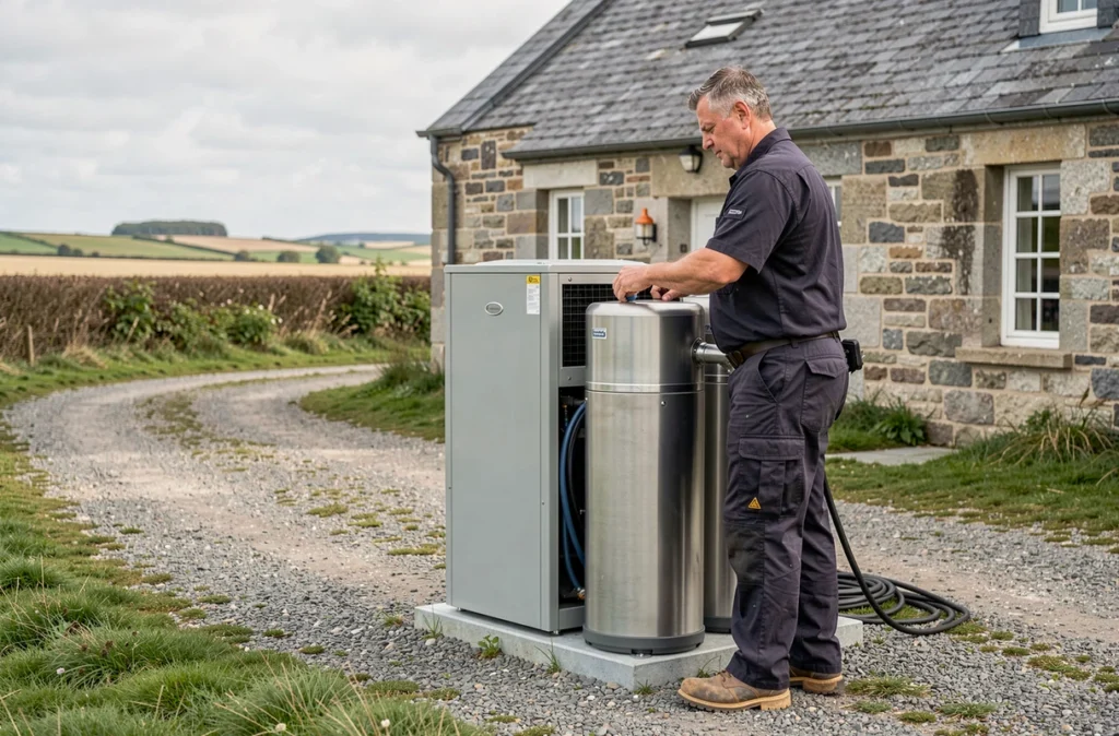 Installateur de pompe à chaleur intervenant en milieu rural breton pour une maison hors métropole