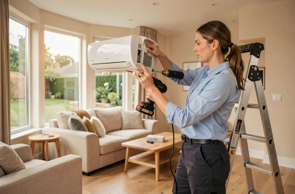 Technicienne en train d'installer une unité de climatisation réversible dans un salon moderne