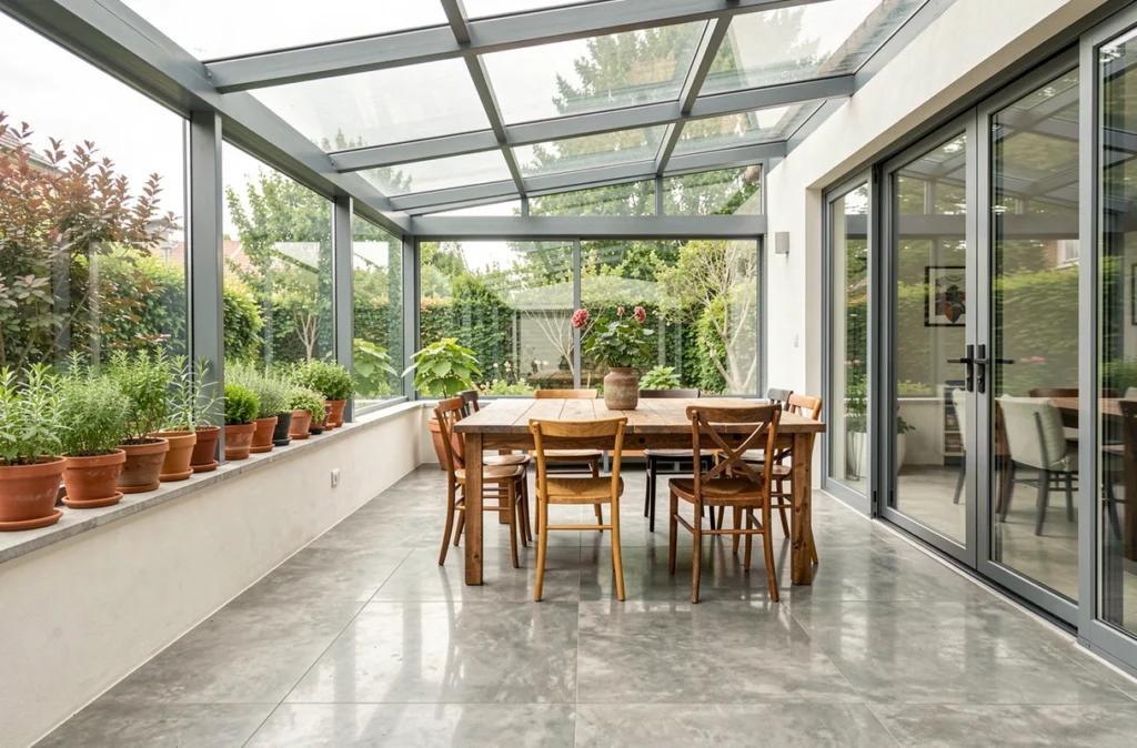 Intérieur spacieux d'une véranda 40m2 aménagée en salle à manger avec sol en béton ciré et parois vitrées