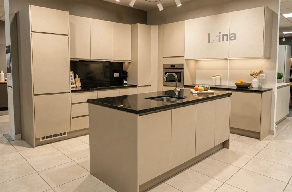 Cuisine Ixina Rouen avec façades ultra-mat beige, îlot central et plan de travail en granit noir