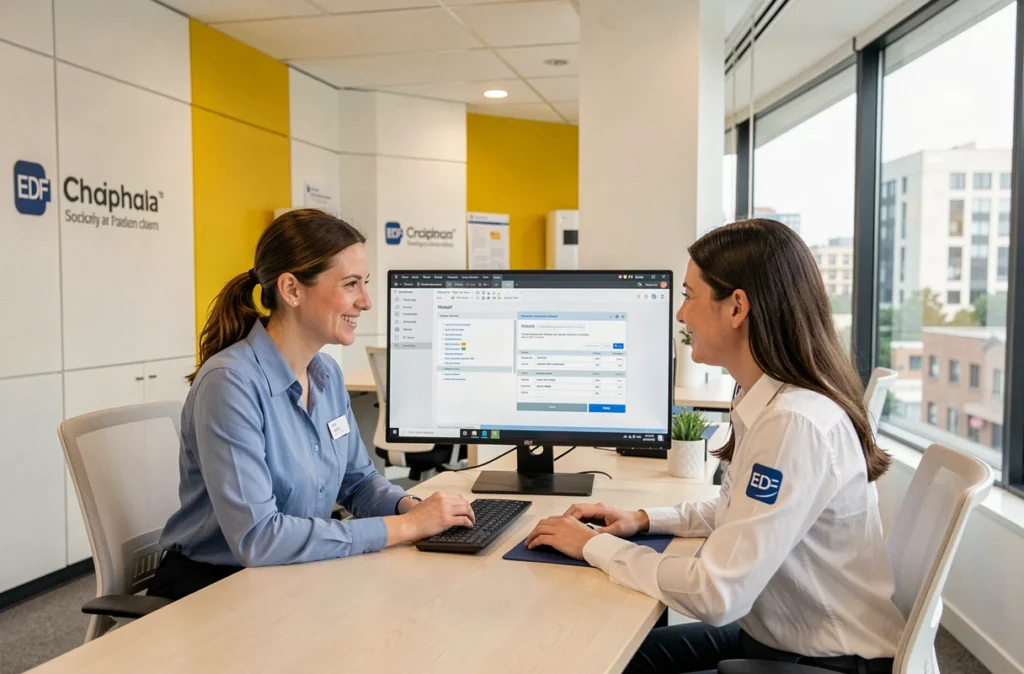 Conseillère IZI by EDF présentant un devis d'installation de pompe à chaleur à un couple de propriétaires