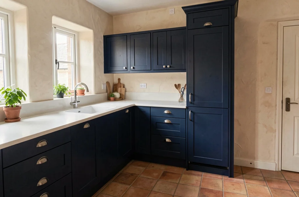 Cuisine sur mesure bleu marine avec plan de travail Corian blanc réalisée par MC Création Agencement