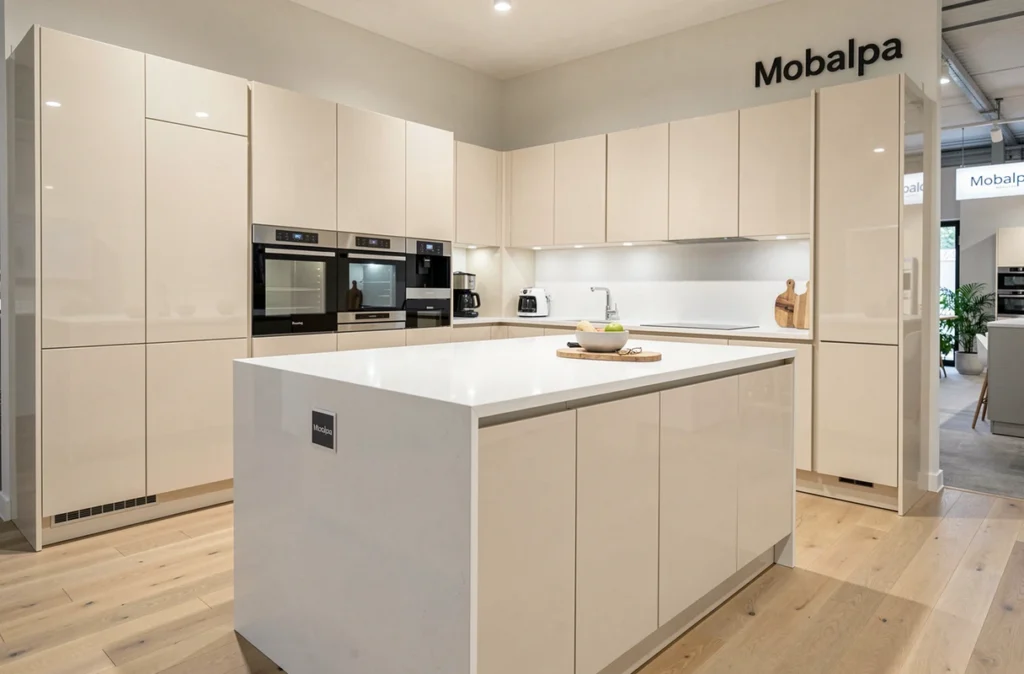 Cuisine exposée chez Mobalpa Rouen avec armoires laquées ivoire et îlot central en quartz blanc