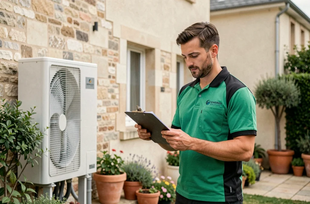 Technicien MUSIC Energies vérifiant l'installation d'une pompe à chaleur air-eau en milieu pavillonnaire