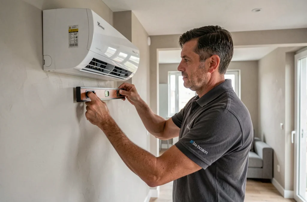 Technicien du réseau Obat posant un climatiseur réversible dans un appartement du 92