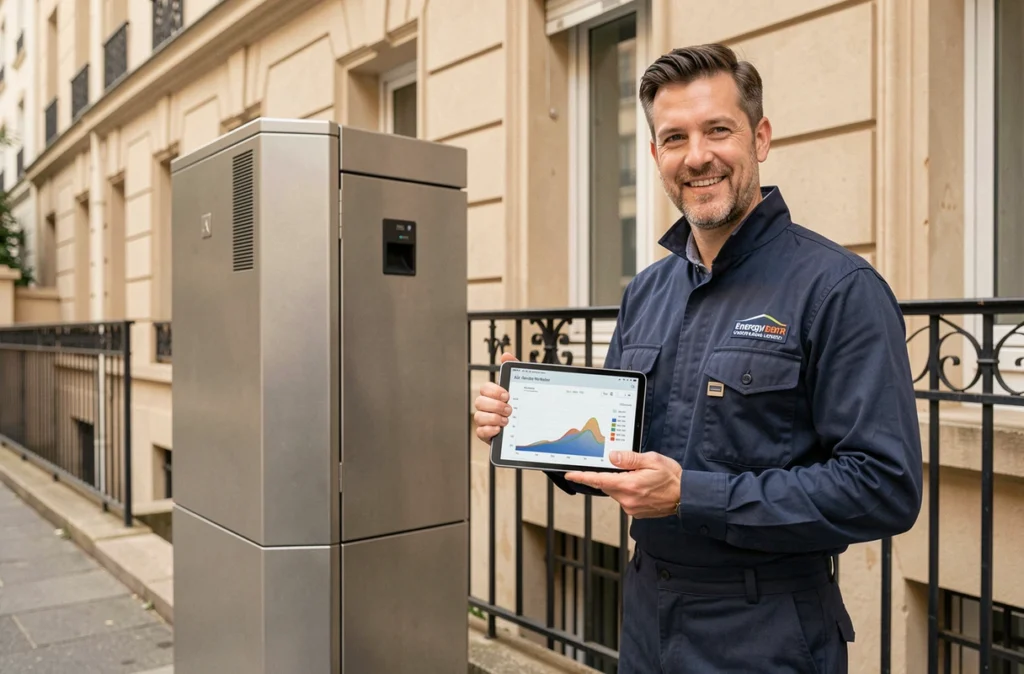 Technicien de Pôle Energies Services devant une pompe à chaleur installée sur un immeuble résidentiel