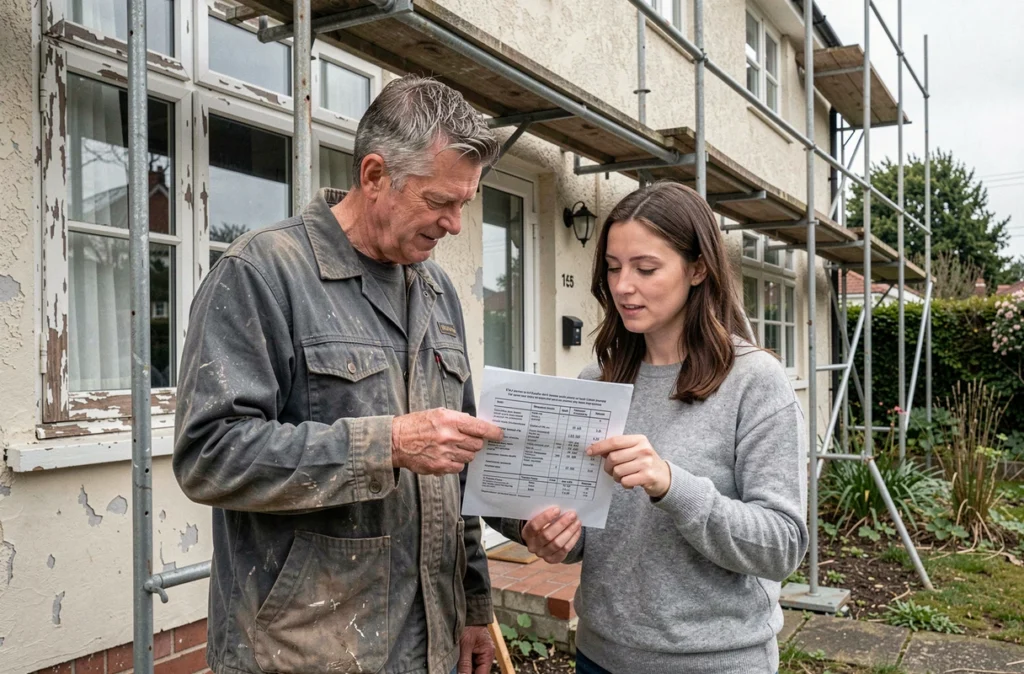 Propriétaire et entrepreneur examinant ensemble un devis travaux détaillé devant une maison en cours de rénovation