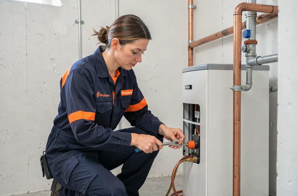 Technicienne Proxiserve raccordant une pompe à chaleur intérieure dans un appartement moderne