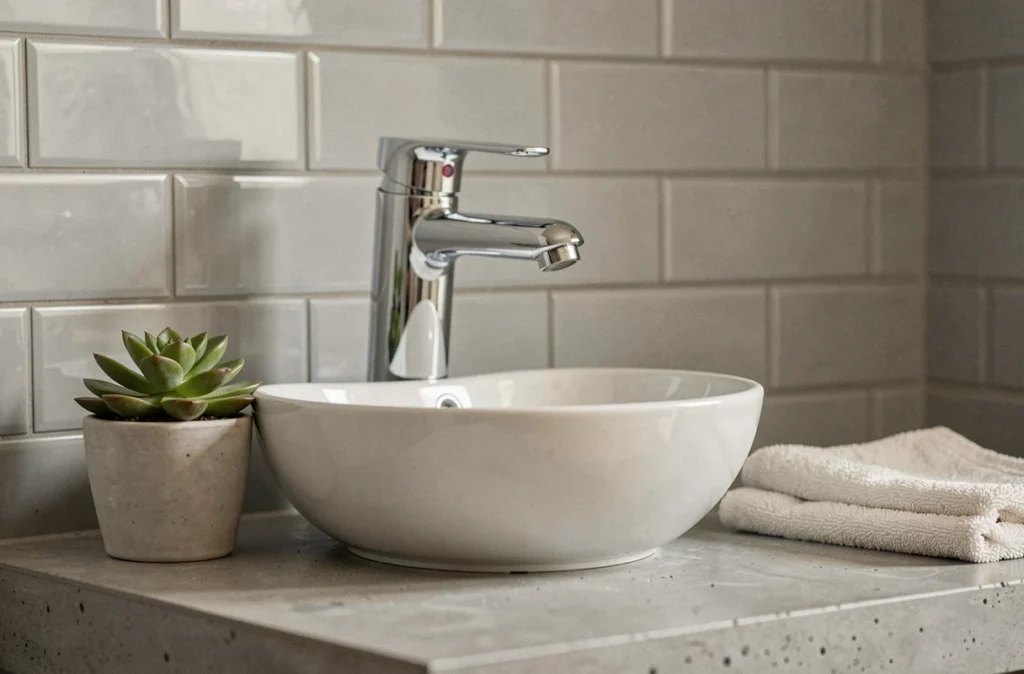 Robinet de salle de bain en chrome poli de style Hudson Reed sur vasque en céramique blanche avec plan de travail en béton gris