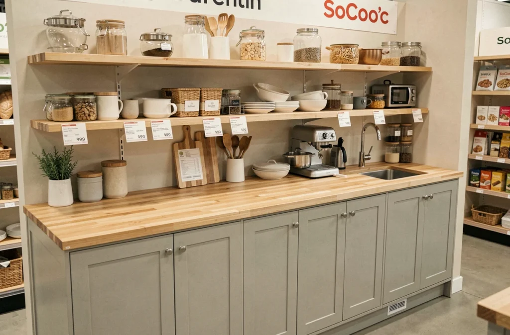 Exposition de cuisine SoCoo'c à Barentin avec façades gris clair style shaker et plan de travail en bois