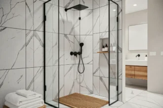 Système de douche à effet pluie Hudson Reed en noir mat installé dans une salle de bain moderne aux carreaux de marbre blanc