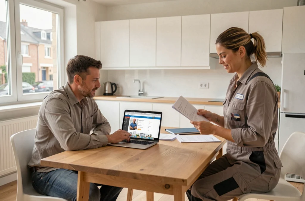 Propriétaire consultant un installateur PAC via la plateforme Travaux.com dans une maison à Nanterre