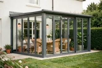 Véranda moderne en verre et aluminium anthracite de 40m2 vue depuis le jardin, avec mobilier intérieur visible