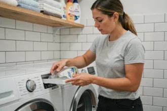 Femme versant de la lessive liquide dans le bon compartiment du tiroir d'une machine à laver moderne dans une buanderie propre